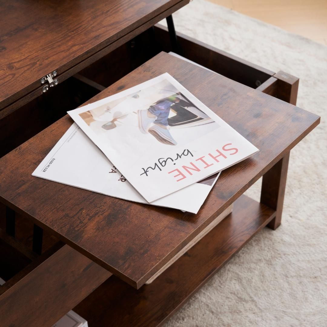 木製昇降テーブルリフティングテーブルおしゃれ収納付きスチールロー