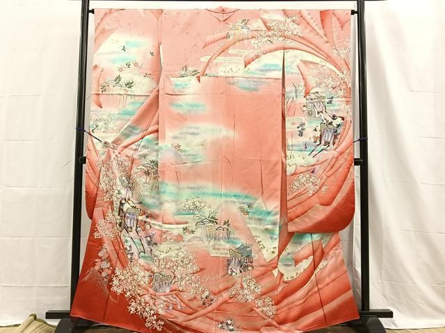 平和屋着物□豪華振袖 駒刺繍 束ね熨斗御所車桜文 たたき染め 平和屋着物□豪華振袖 駒刺繍 束ね熨斗御所車桜文 たたき染め