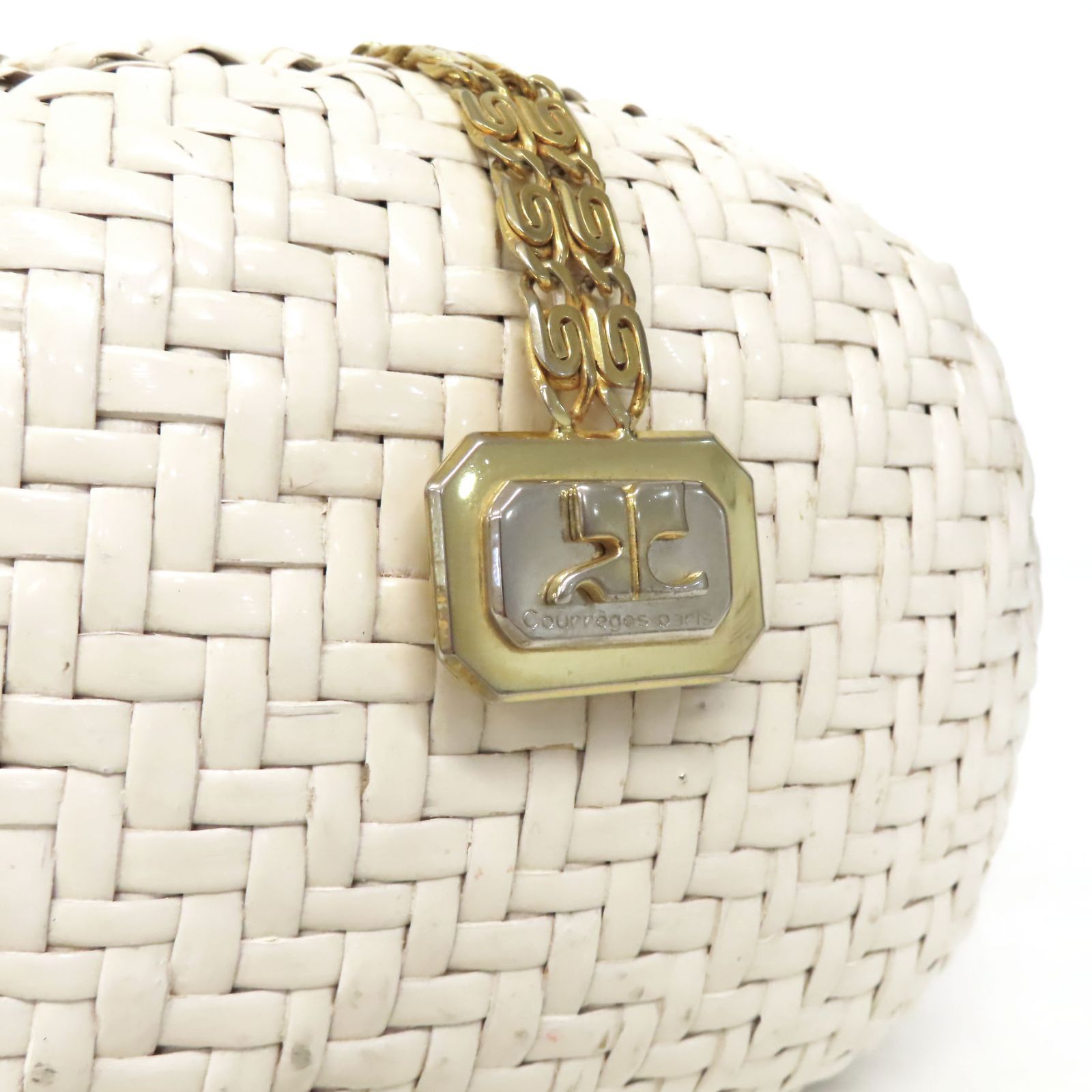 oe25103 美品 Courreges クレージュ ロゴ金具 籐 編み込み ラタン 