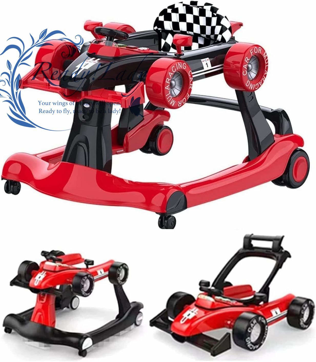 ベビー 歩行器 赤ちゃん 歩行機 育児 歩行器 2way ウォーカー/手押し車として使用可能 安全ストッパー 取り外し可能 高度調整可能 滑り止め 車形 安全 音楽を再生可能 6か月 (REN1)