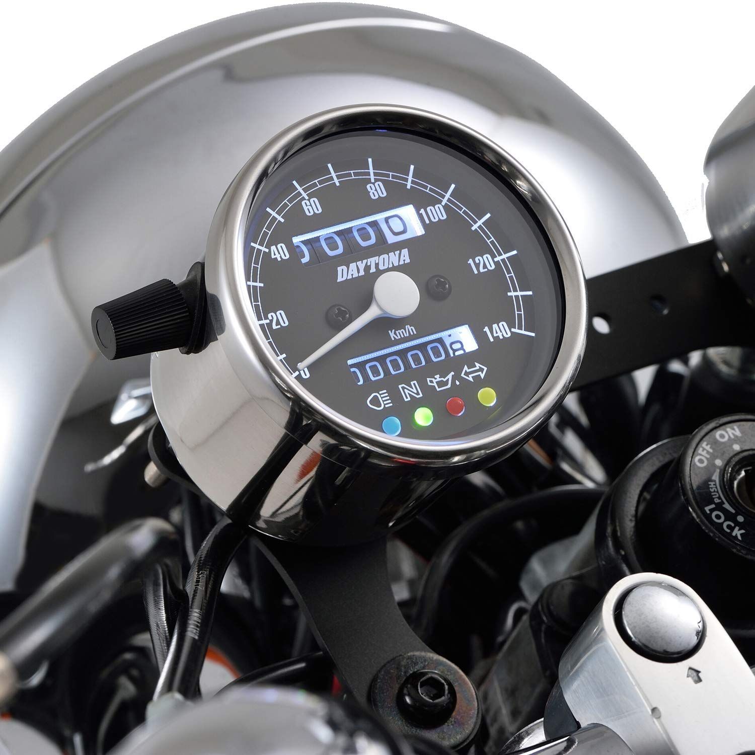 人気商品 デイトナ Daytona バイク用 機械式 スピードメーター ステンレスボディ|ブラックパネル|ホワイトLED φ60 140km|h表示 インジケーター付き 15637