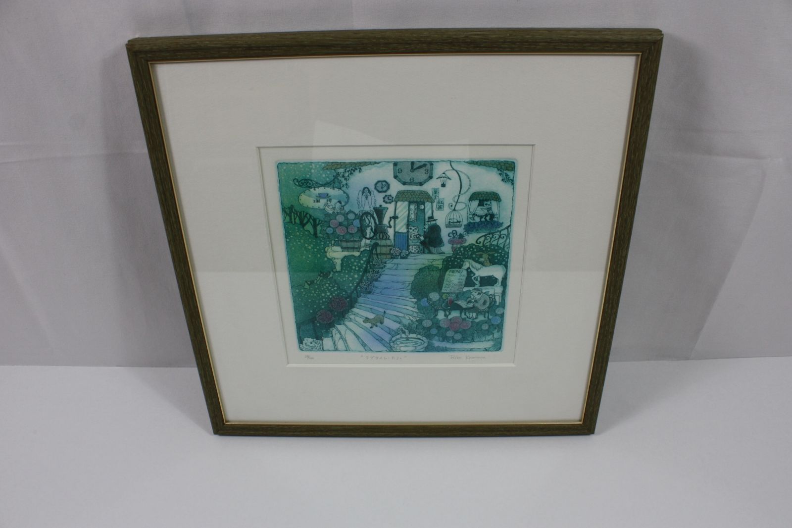 A1663・上砂理佳 ラグタイム・カフェ 銅版画 版画 額縁 絵画