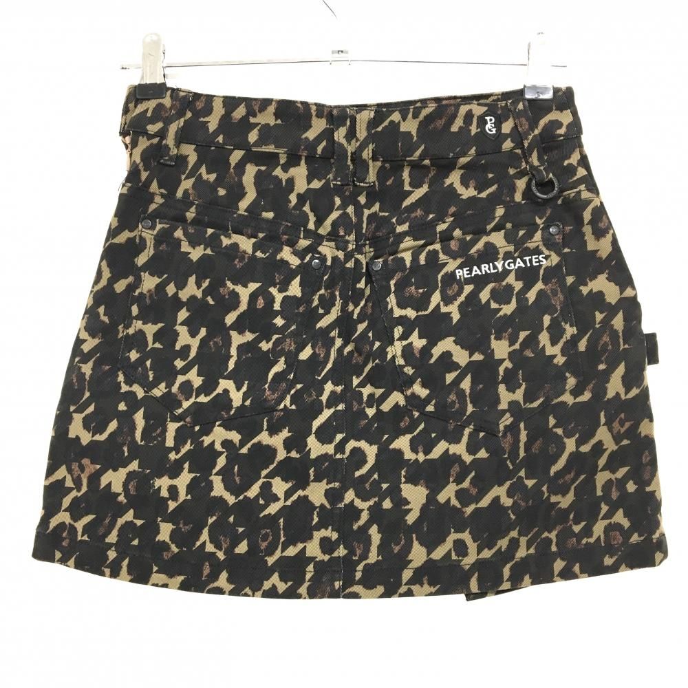 パーリーゲイツ スカート ライトブラウン×黒 千鳥柄 レオパード ロゴ白 ストレッチ レディース 00 XS ゴルフウェア PEARLY GATES