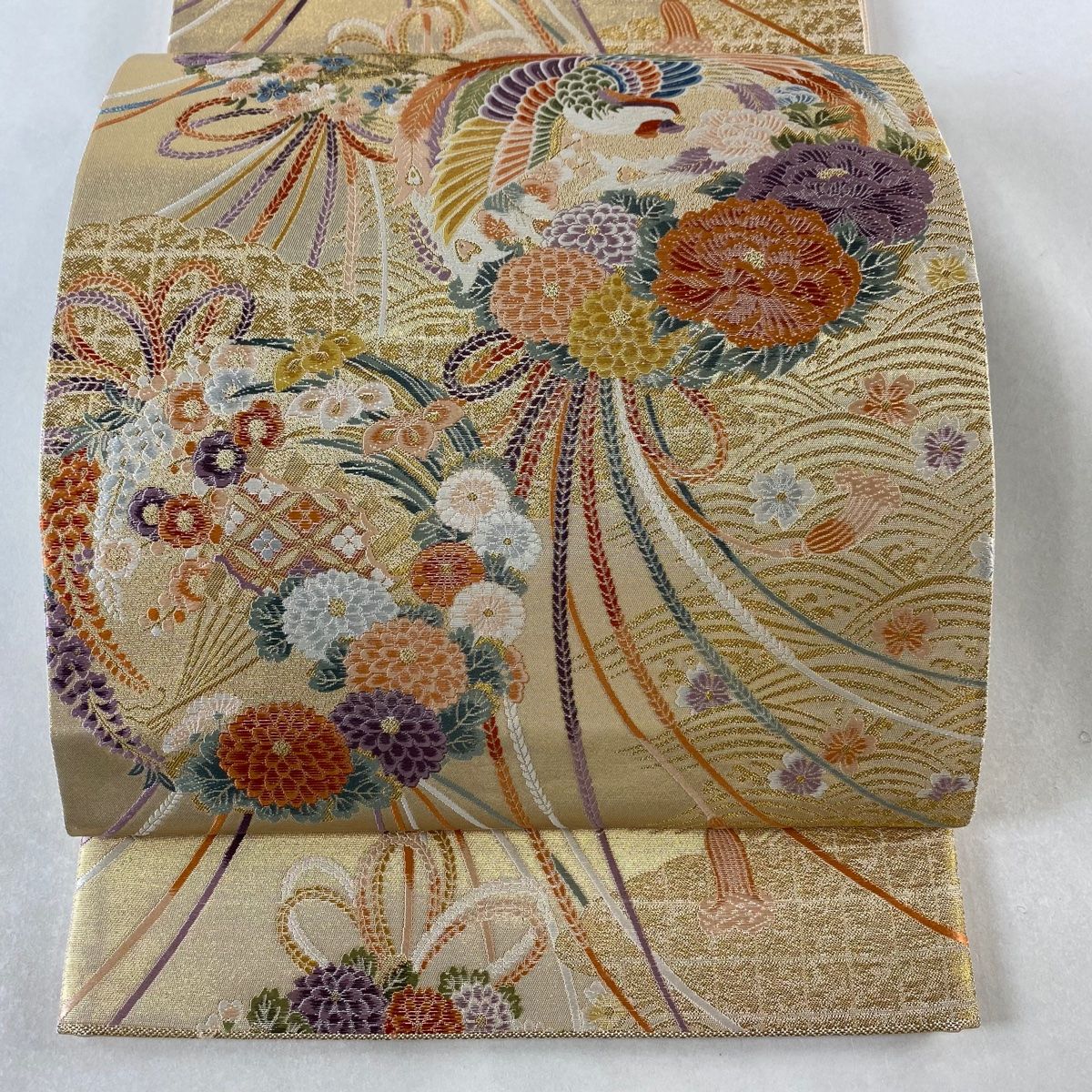 【2025】お歳暮・冬ギフト 袋帯 美品 秀品 鳳凰 花車 金糸 箔 金色 六通 正絹 【中古 着物・浴衣