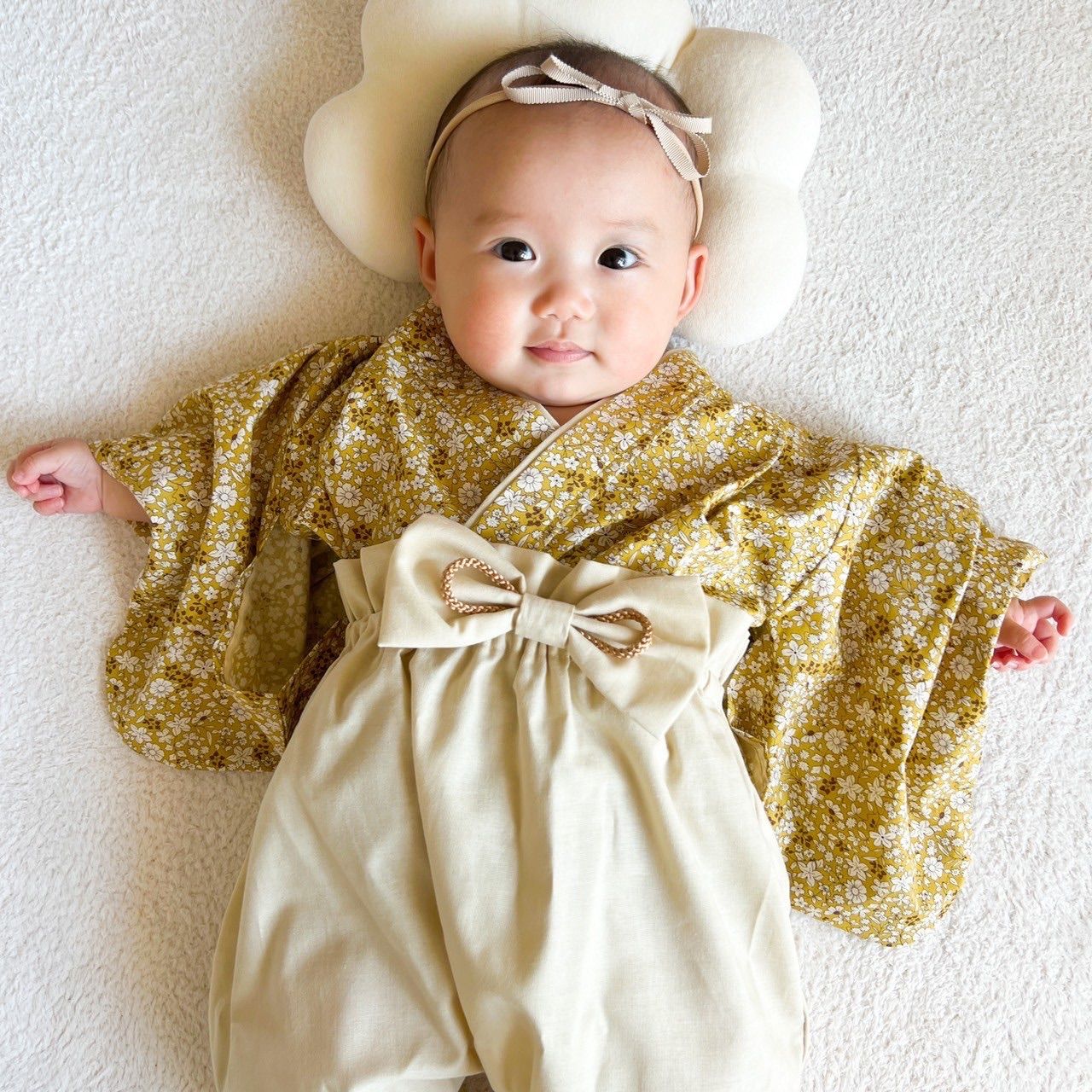 ベビー袴 イエロー 小花柄 袴 100日 753 初節句 お正月 誕生日 七五三 袴 ひなまつり おうちフォト バースデー お誕生日会
