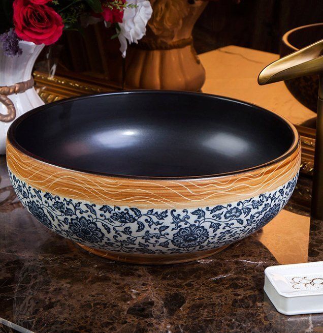 芸術台盆浴室戸棚盆トイレ洗面器陶器の手洗い台復古大理石台盆円形