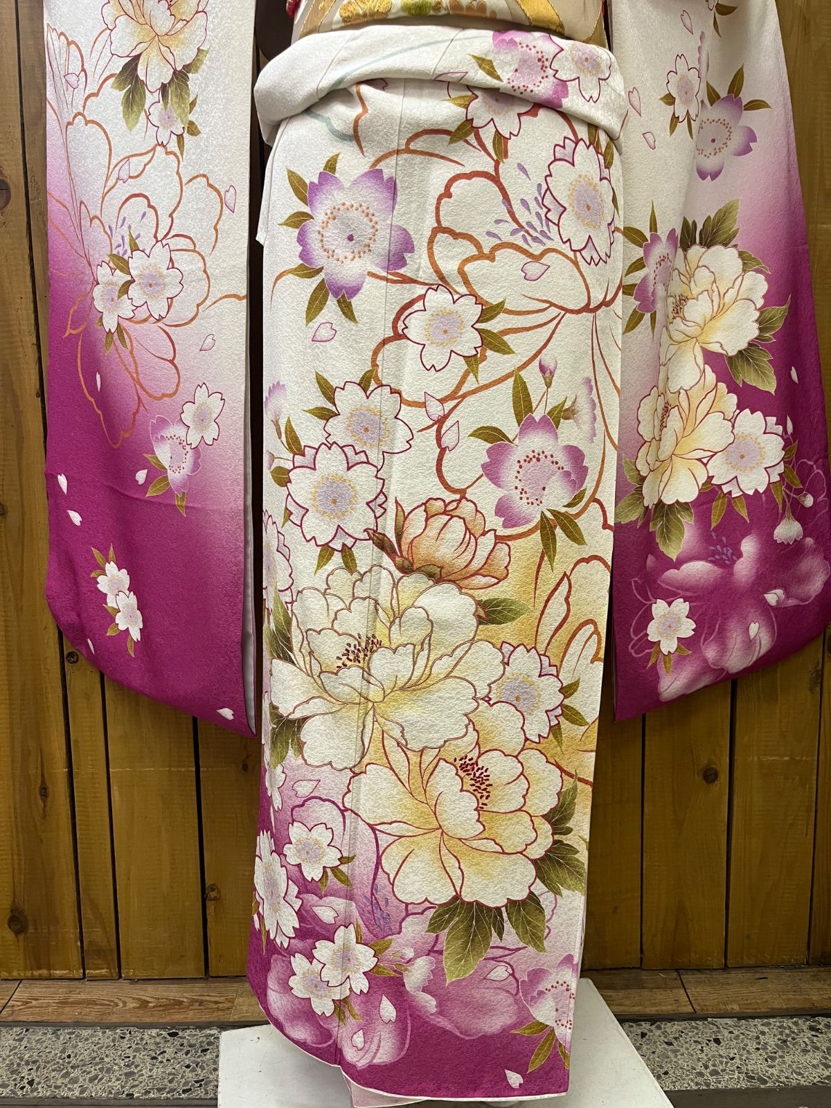 k31☆白×花振袖☆豪華絢爛身丈160cm正絹袷広襟(未使用)+正絹袋帯セット