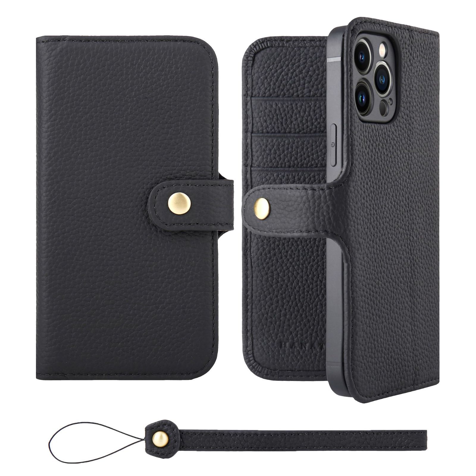 【人気商品】付き ストラップ シュリンクカーフレザー スタンド ギフト スマホ スマホケース ベルトあり 本革 マグネットなし 手帳型 ケース ブラック iPhone13ProMax H0XB-13ProMax-Black HANATORA