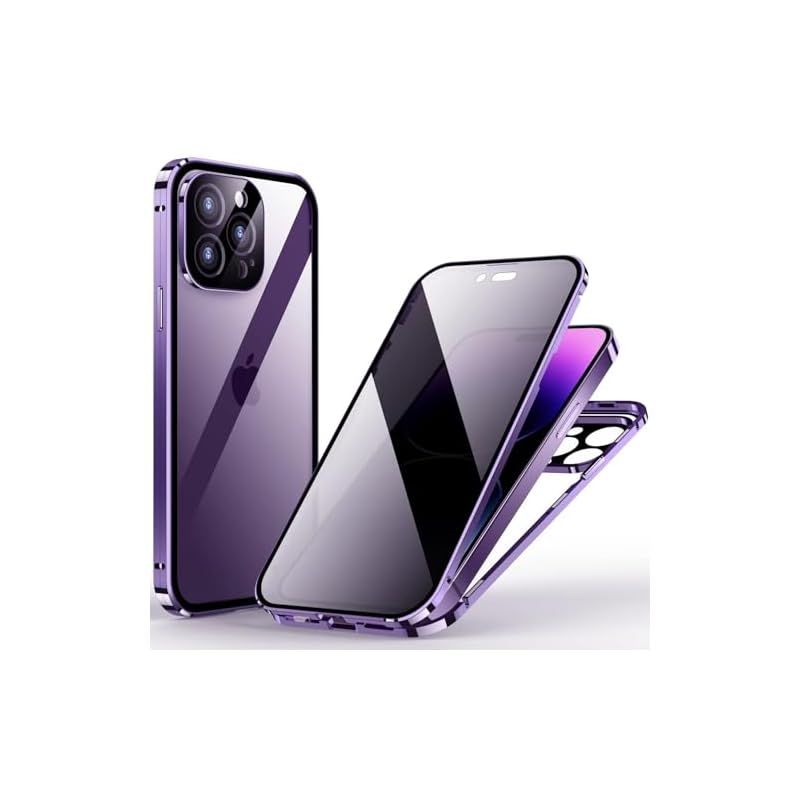 覗き見防止 iPhone 14 Pro 用 ケース ロック付き アルミ バンパー メタルフレーム スマホケース 強化ガラスフィルム 一体型レンズ保護 マグネット式アイフォン14pro 両面ケース，パープル