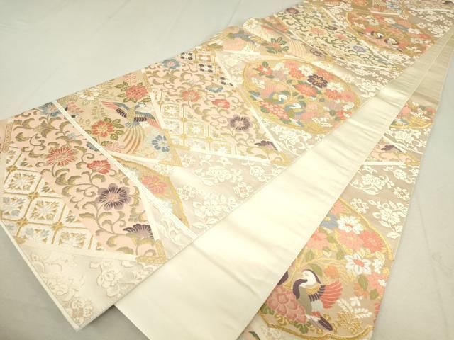平和屋着物▽六通柄袋帯 唐織 向かい鳥花文 金糸 正絹 逸品