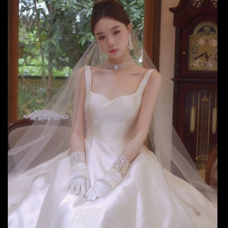品質100％！ ホワイト サテンドレス キャミソール Aライン ロング丈 軽やか 花嫁 結婚式 フォト撮影 登記 小柄さん向け 韓国風 XS～3XLWP 109