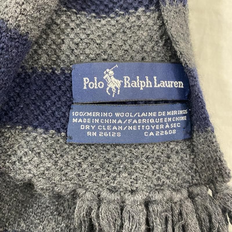 POLO RALPH LAUREN ボーダーウールマフラー NAVY×GRAY 刺繍ロゴ 男女