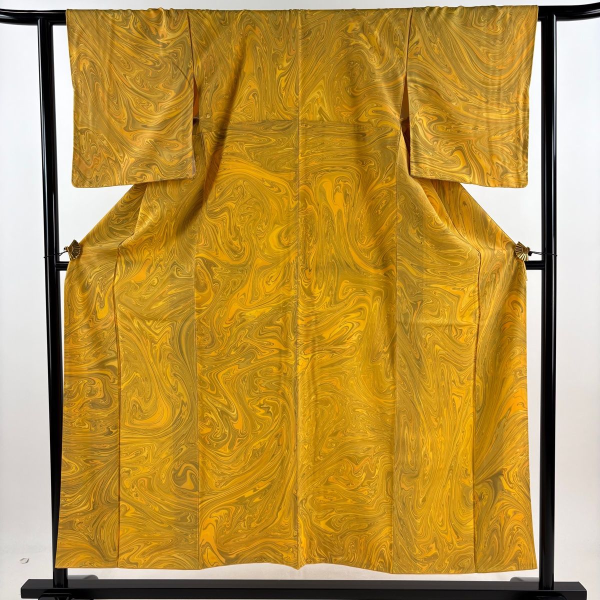 小紋 身丈152.5cm 裄丈63cm S 袷 墨流し 山吹色 正絹 名品
