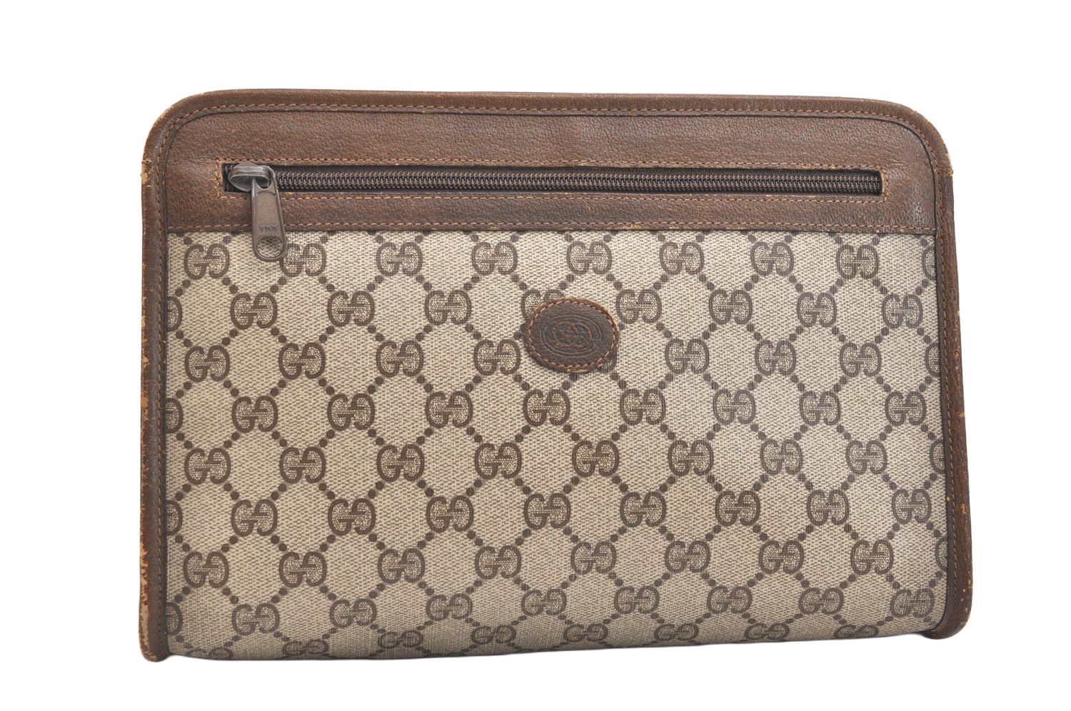 GUCCI グッチ ヴィンテージ クラッチハンドバッグ 財布 GGピーブイシー レザー ブラウン 2423N