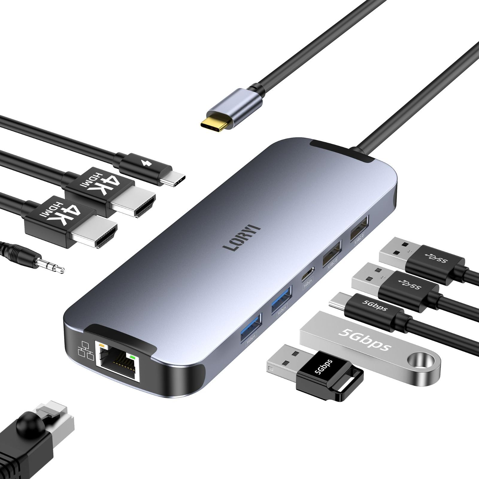 新着商品 USB-C ハブ 10-in-1 デュアル 4K HDMI 100W PD急速充電 HDMI拡張 USB A3.0*2 USB C3.0*15Gbpsデータ転送ポート USB2.0*2 3.5mmオーディオ 1000Gbpsイーサネットポート