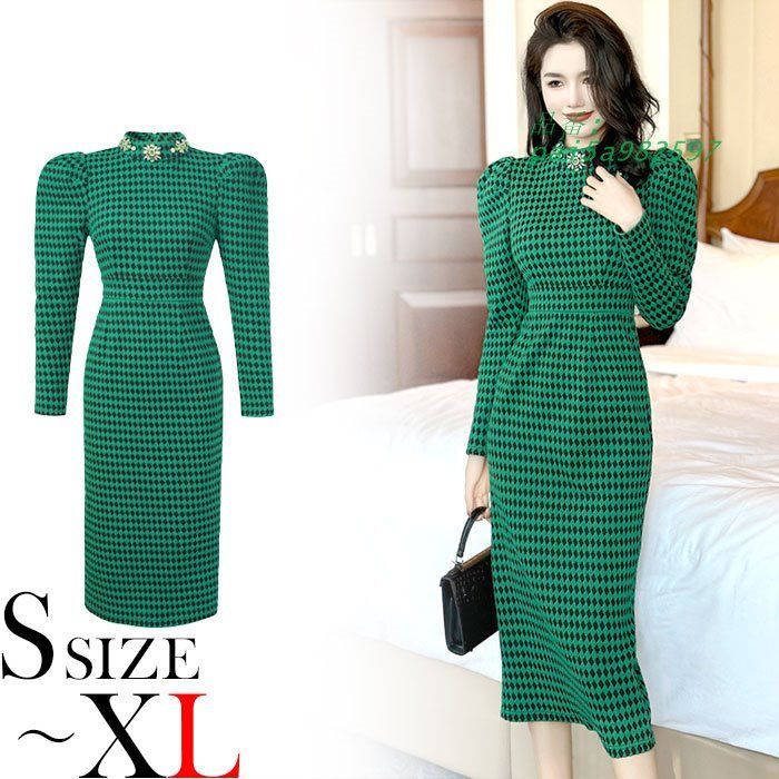 パフスリーブ長袖 ネックビジューミモレ丈チェック柄ワンピース 緑 フェミニン おしゃれ きれいめ ファッション 韓国 レディース pai5a982597