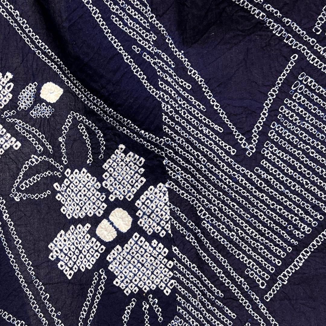 浴衣 有松鳴海絞り 花模様 杉綾紋 ギザギザ ネイビー 着物 034a d 有松