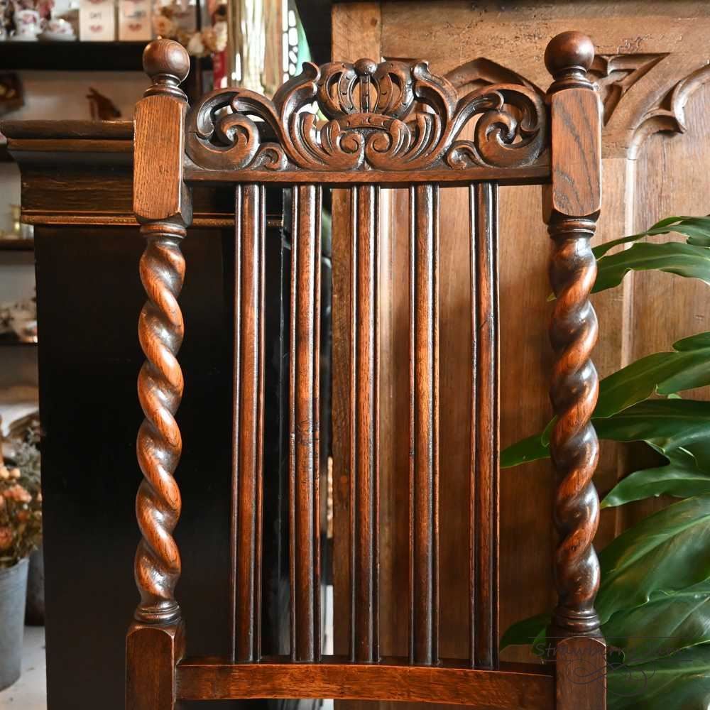 L3705-4-3 英国アンティーク オーク ダイニングチェア レザーチェア アンティークチェア クラシック バーリーシュガーツイスト 木彫刻 ハイバック 椅子 イギリス MARWIL-DEMENAGEMENTS_CH