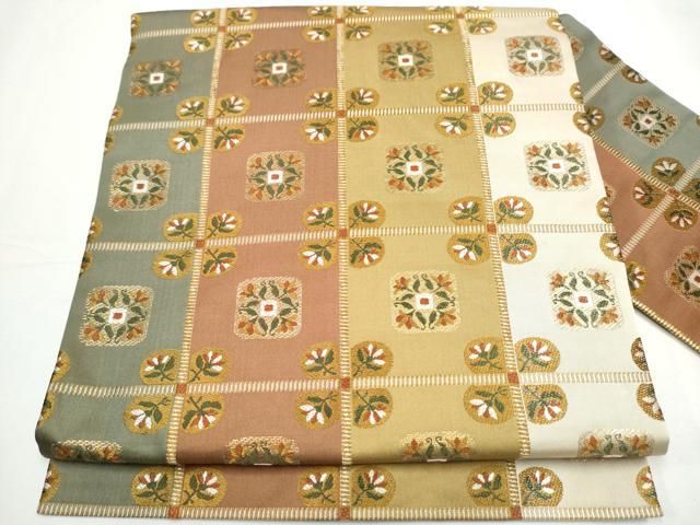 平和屋着物○九寸名古屋帯 唐織 格子花文 金糸 正絹 逸品 CAAY9644hy