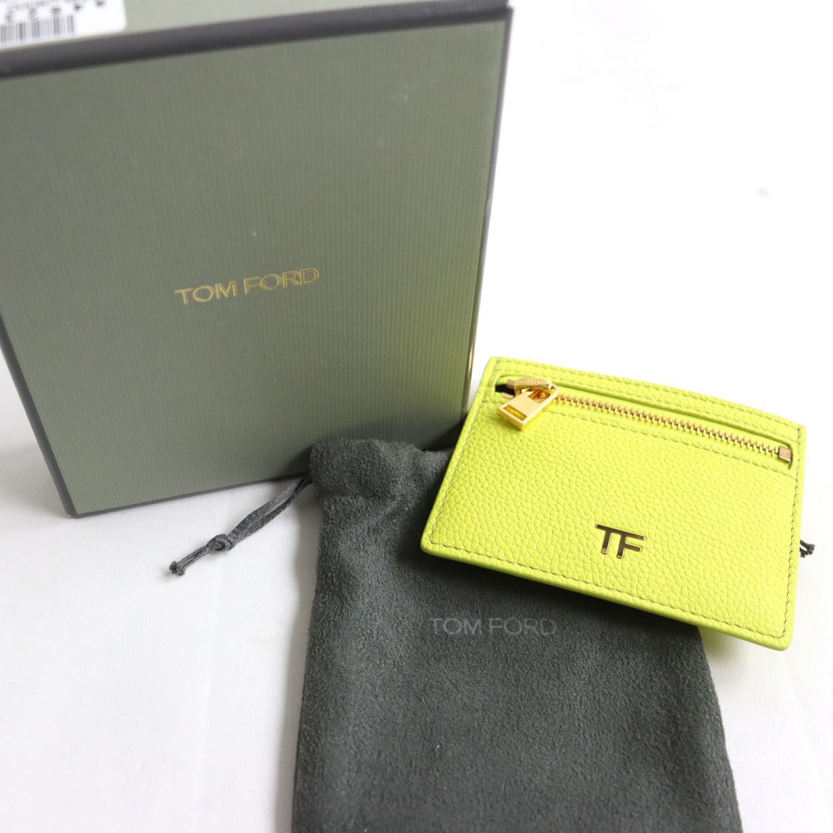未使用品□TOM FORD/トムフォード GRAIN LEATHER CLASSIC TF CARD HOLDER WITH ZIPPED POCKET ロゴ金具 レザーカードケース ライム 伊製 t04-st30403-721