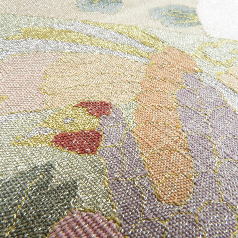 袋帯 正絹 つづれ織り 金糸 地紙花鳥文様 ベージュ色ｘ金色ｘ多色 お太鼓柄 フォーマル 礼装 長さ440cm【中古】 【キモノオフ野々市若松店】 袋帯 正絹 つづれ織り 金糸 地紙花鳥文様 ベージュ色x金色x多色