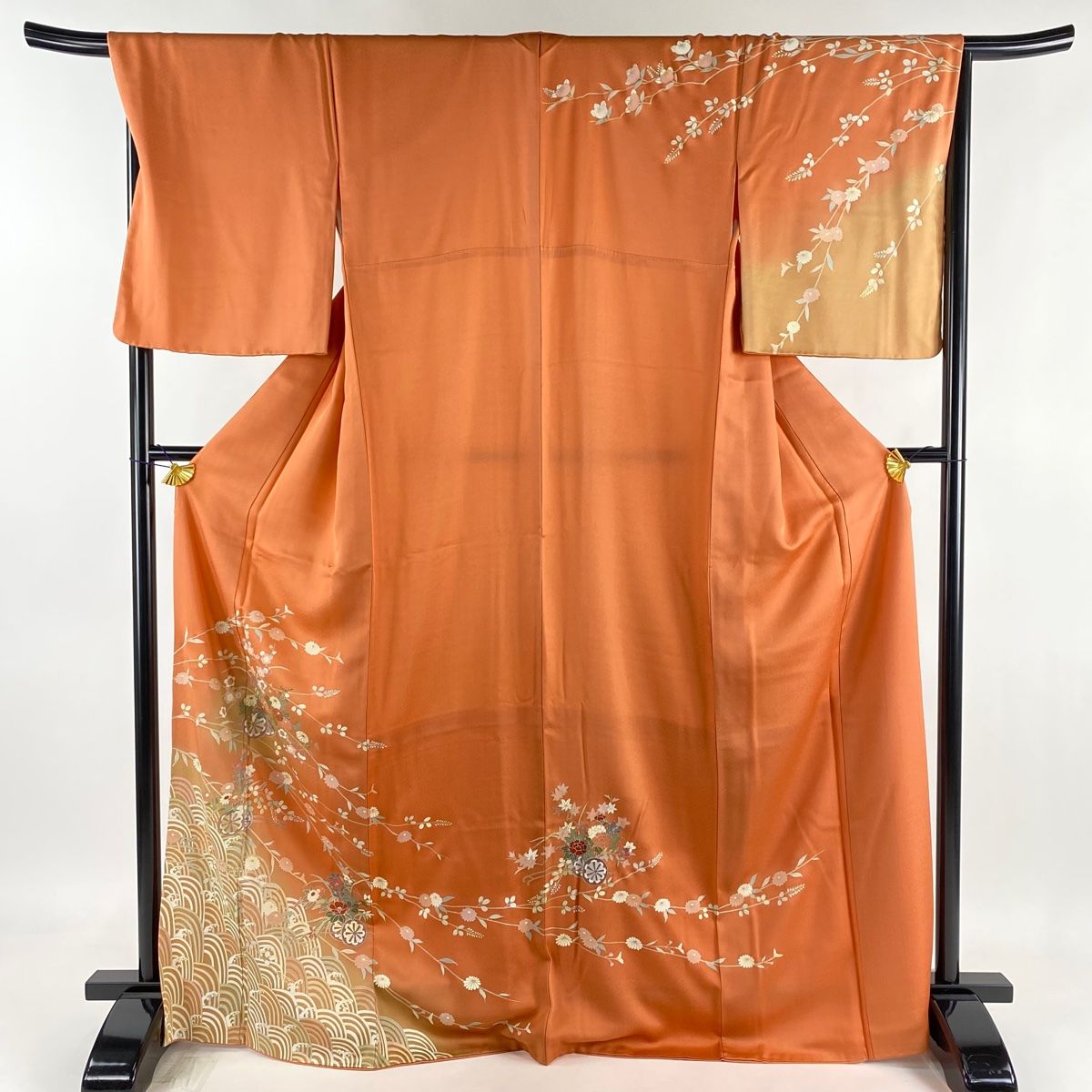 訪問着 身丈171cm 裄丈68.5cm L 袷 花車 菊 金彩 ぼかし サーモンピンク 