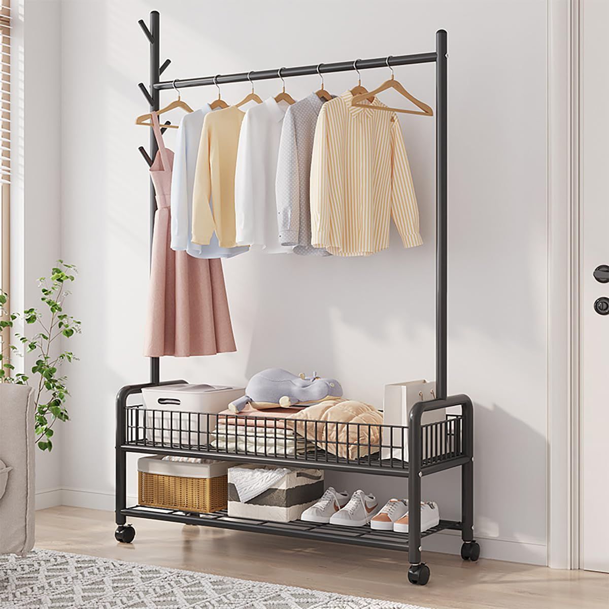 Vinteky ハンガーラック おしゃれ 衣類収納ラック 洋服収納ラック 多機能収納 メッシュ棚付 組立簡単 耐久 頑丈 幅90×奥行35×高さ176cm 高耐荷重 キャスター付き ブラック