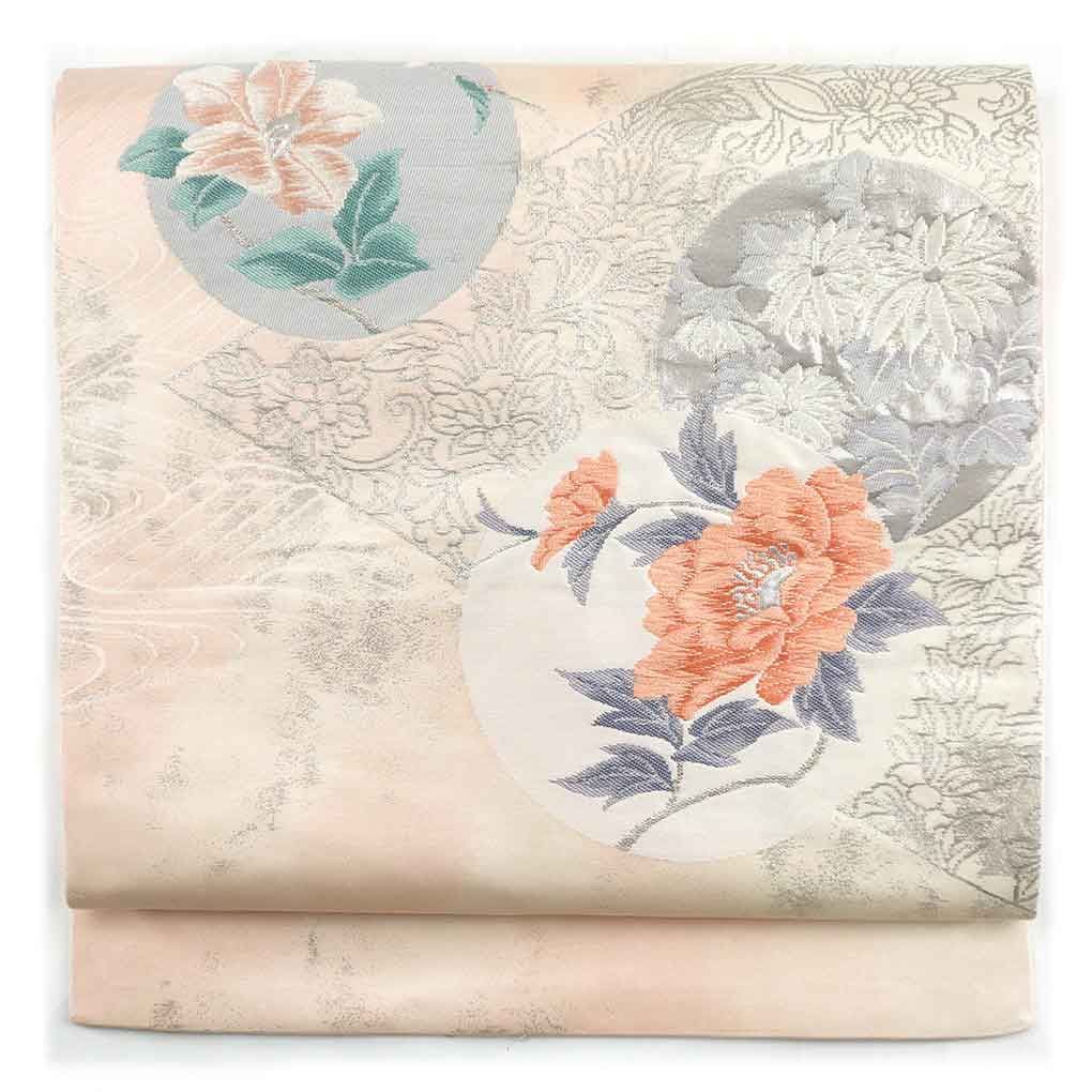 名古屋帯 幅30cm 長さ356cm レディース 花丸紋 秋冬春用 正絹 シルク ピンク リメイク リユース リサイクル 呉服のきくや