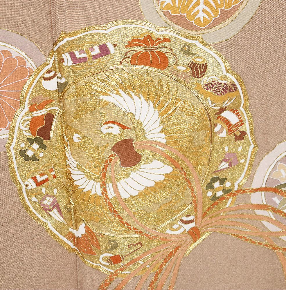 【値下げ】404mo16〇色留袖 三つ紋 地紋 松竹梅 菊鶴〇しつけ付き美品 値下げ】404mo16〇色留袖 三つ紋 地紋 松竹梅 菊鶴〇しつけ付き