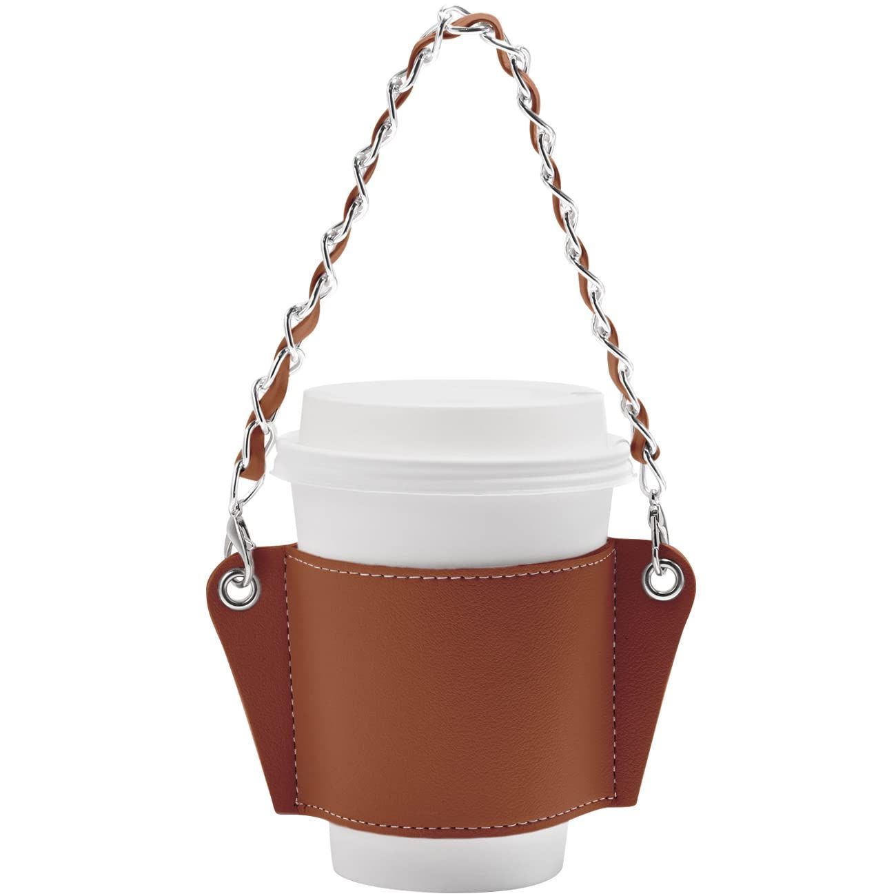 カップドリンク ドリンクホルダー 持ち歩き カフェカップ チェーン式 カップホルダー ドリンク用 革 カバー コンビニコーヒー ブラウン ドリンクカップホルダー YUYAKESHI