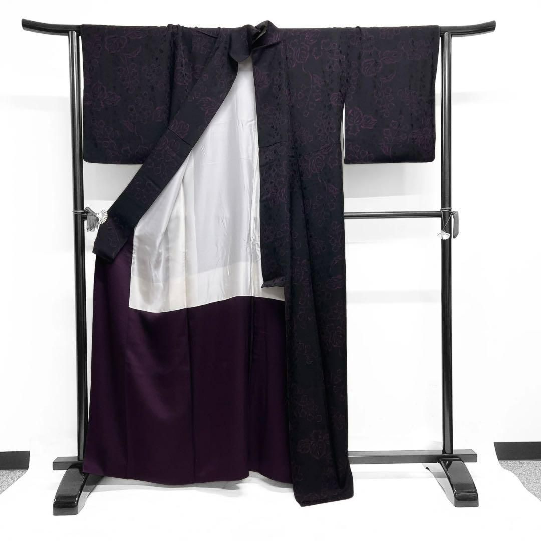 小紋 桐の花 藤 葡萄 兎 黒地 ブラック パープル お洒落 着物 022a d