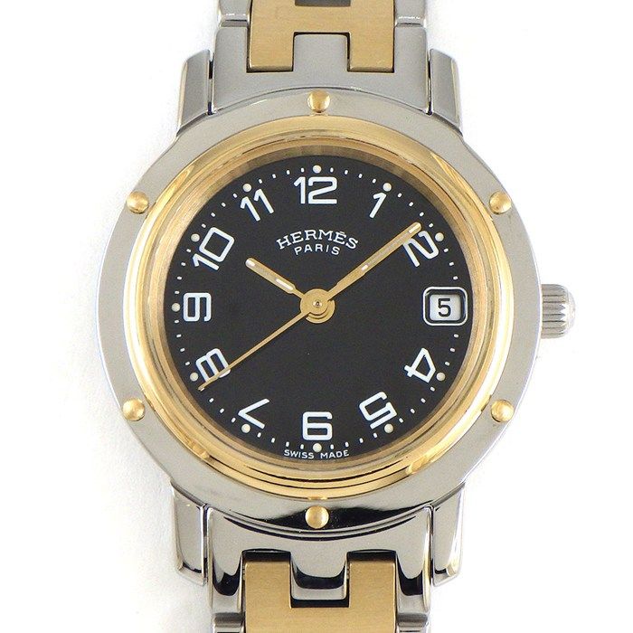 エルメス HERMES 腕時計 クリッパー CL4.220 デイト ブラック文字盤 GP SS クオーツアナログ