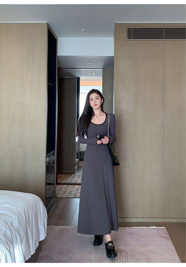 春のお出かけニットロングワンピースコントラスト