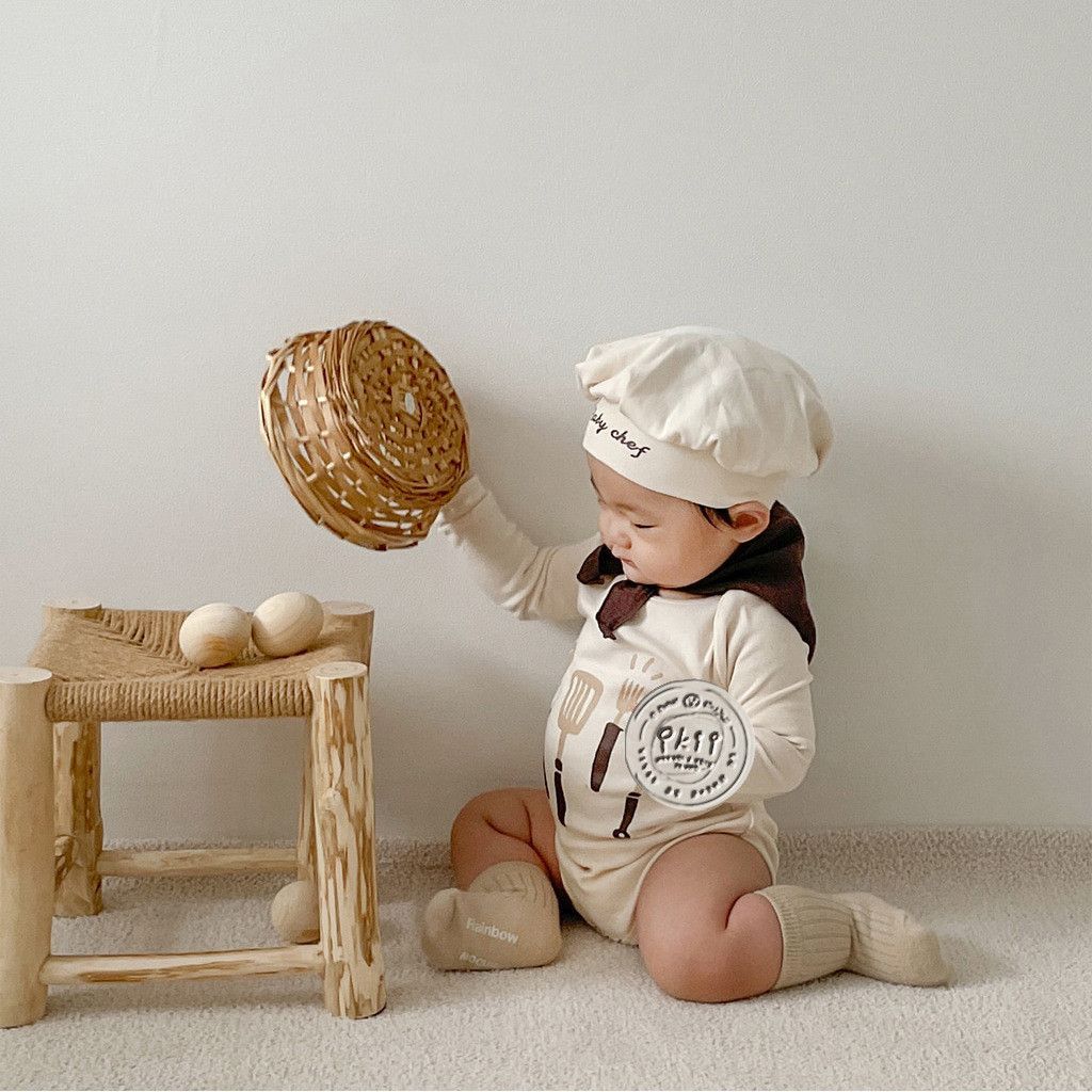 パン屋さん コックさん風 ロンパース 帽子セット 韓国風 子供服 ベビー
