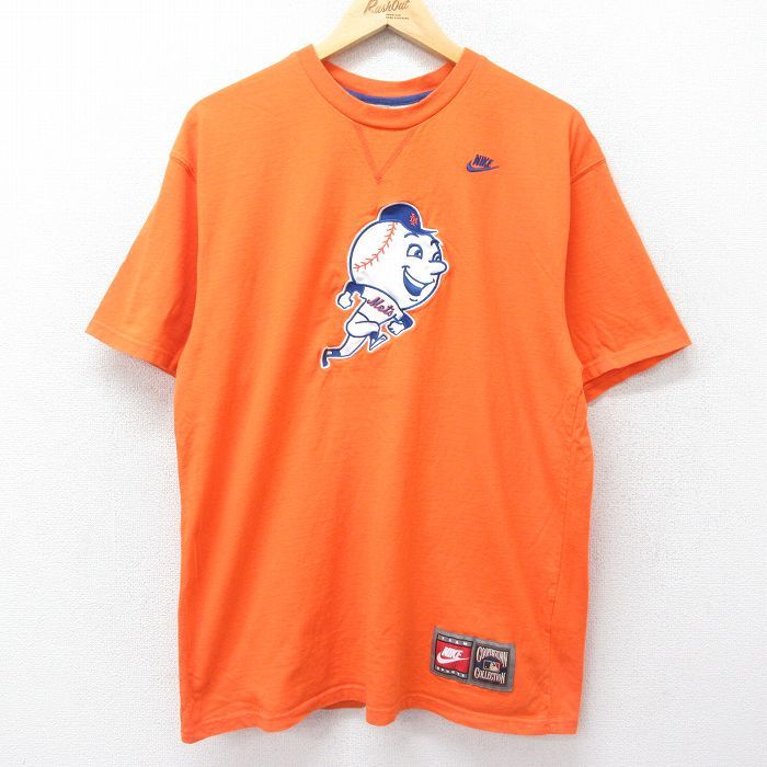 XL/古着 ナイキ NIKE 半袖 ビンテージ Tシャツ メンズ 00s MLB ニューヨークメッツ 刺繍 コットン クルーネック オレンジ メジャーリーグ 