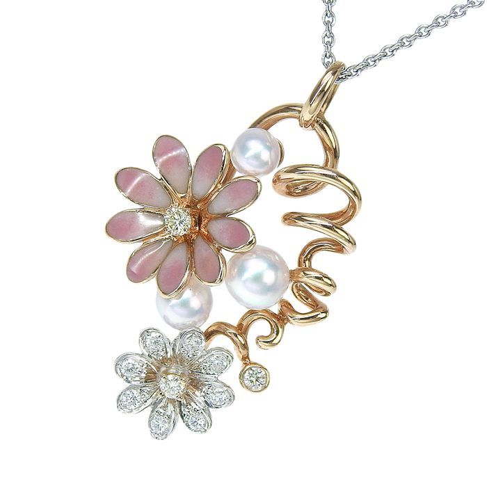 MIKIMOTO ミキモト フラワーモチーフ パール ダイヤ ネックレス K18WG