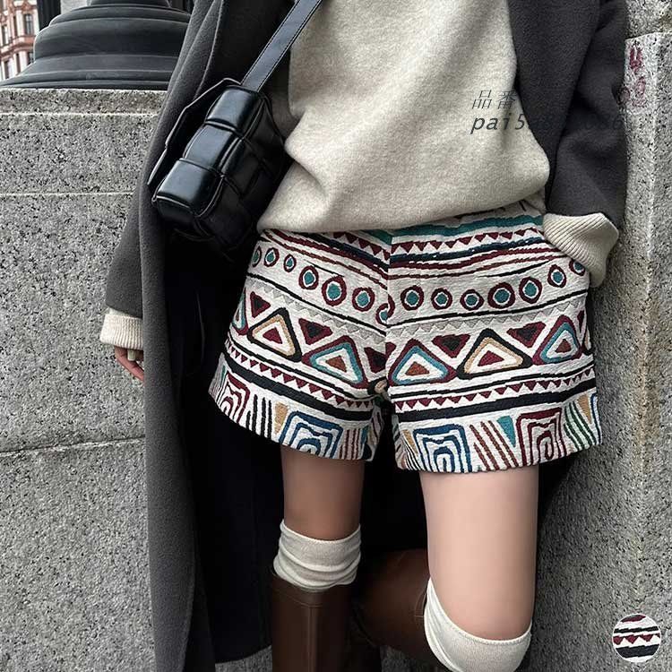ショートパンツ レディース 厚手 秋冬 秋 冬 ハイウエスト パンツ おしゃれ あったか Aライン 柄 ワイド エスニック ゆったり ショート丈 pai5a851086
