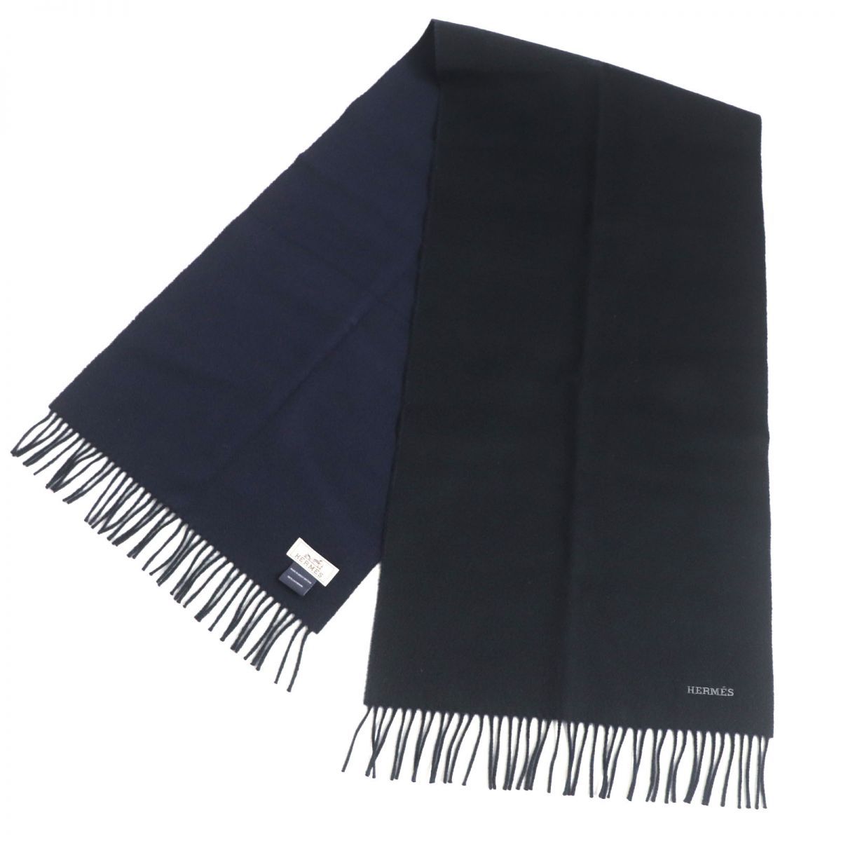 極美品▽HERMES エルメス ロゴ刺繍入り フリンジ付き リバーシブル  