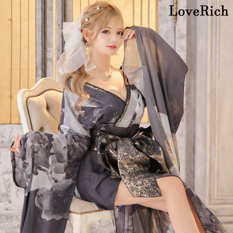 LoveRich ラブリッチ ライン 2点セット シフォン アシンメトリー オフショル 花柄 豪華 帯 花魁 着物 ドレス コスプレ イベント ハロウィン 1326