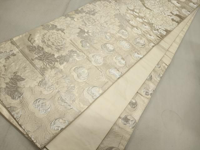 袋帯 孔雀に唐織 金彩 花柄 正絹 帯締め AO-1193 平和屋着物◎六通柄袋帯 唐織 孔雀花文 銀糸 正絹 逸品 未使用