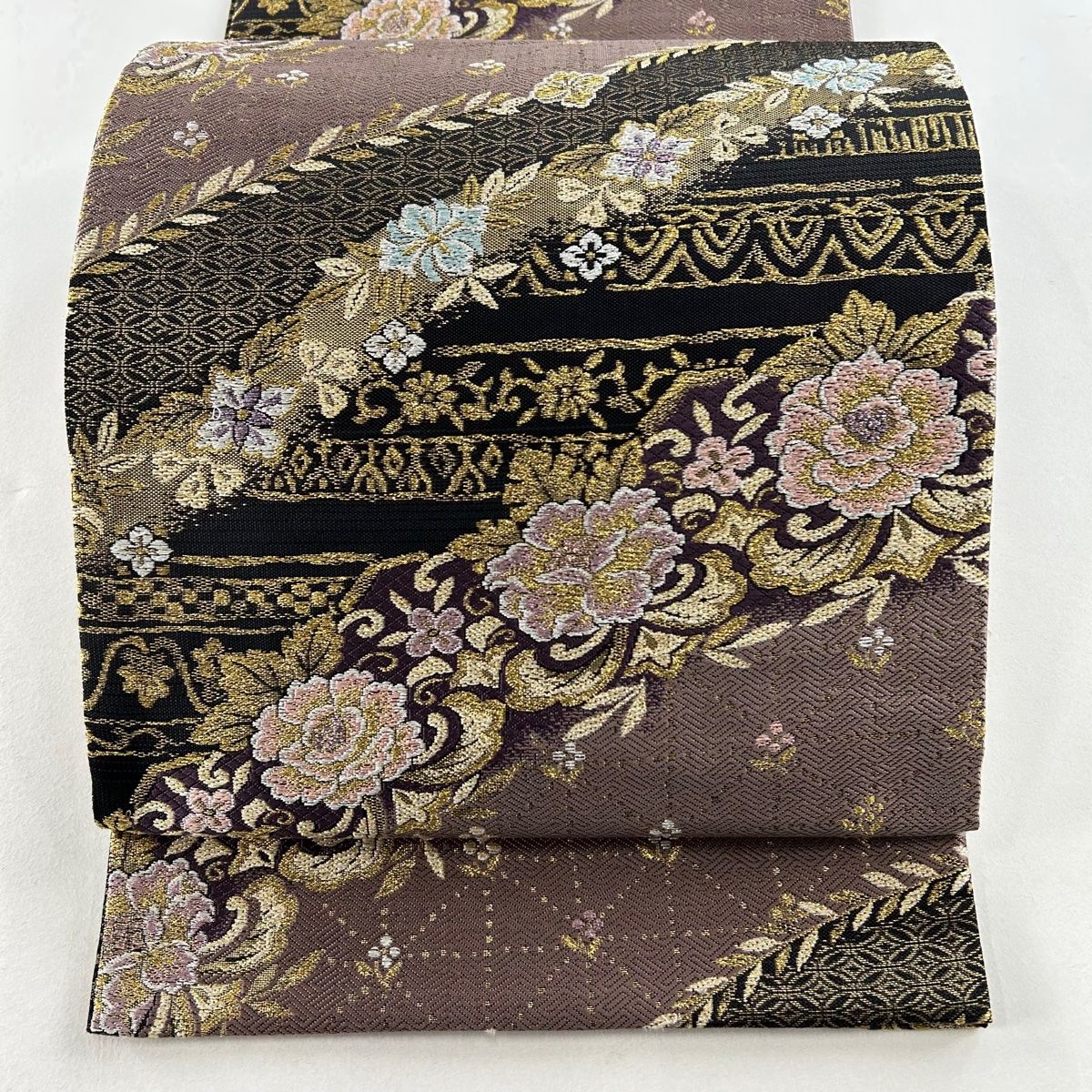 袋帯 名品 やまと 草花 七宝 金銀糸 刺繍 薄紫 六通 正絹