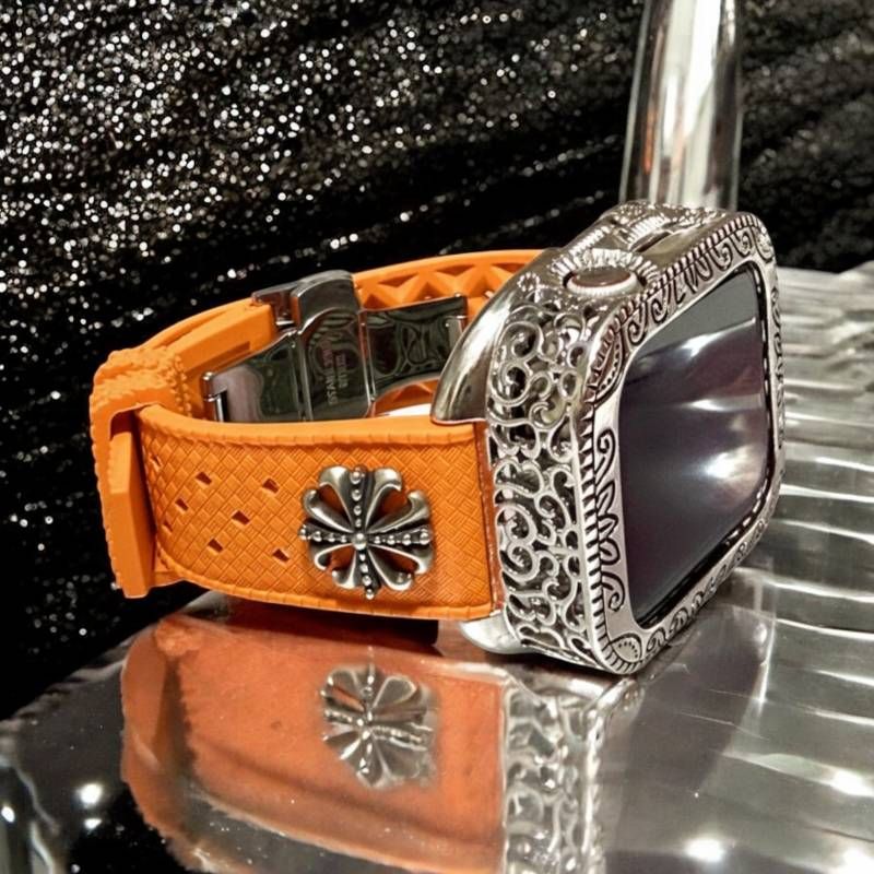 オレンジ AppleWatch用フッ素ラバー バンド コンチョ アラベスクカバー ケース アップルウォッチ用 カスタムバンド 44 45 46 49 SE Ultra CHRISTIANNAURATH_COM_BR