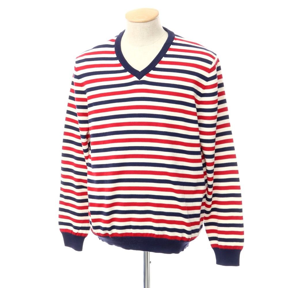 【中古】【未使用】ブルックスブラザーズ Brooks Brothers ハイゲージコットン ボーダー柄 Vネックニット ホワイトxネイビーxレッド【サイズM】【メンズ】 【レア】ブルックスブラザーズ ニット ネイビー メンズM