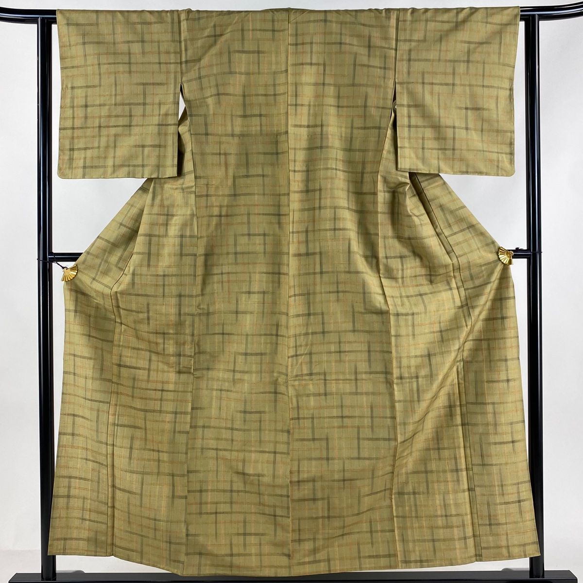 紬 身丈156.5cm 裄丈62.5cm S 単衣 幾何学 鶯色 正絹 秀品