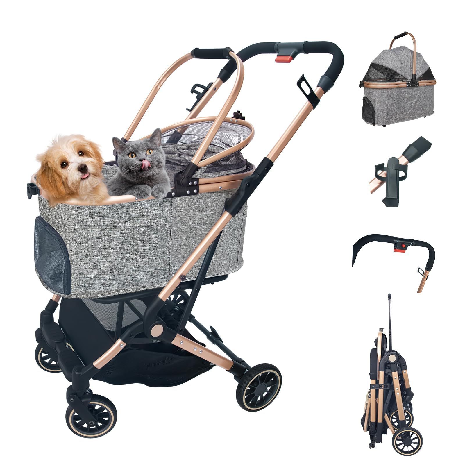 ペットカート分離型 軽量 猫 犬用 バギー いぬ用 4輪 前輪360°回転 後輪ブレーキ付き 人気 犬用ベビーカー 外出便利 組み立て簡単 折りたたみ式 耐荷重20Kg 多頭の小型犬-猫 中型犬一匹用 カップホルダー付き グレー