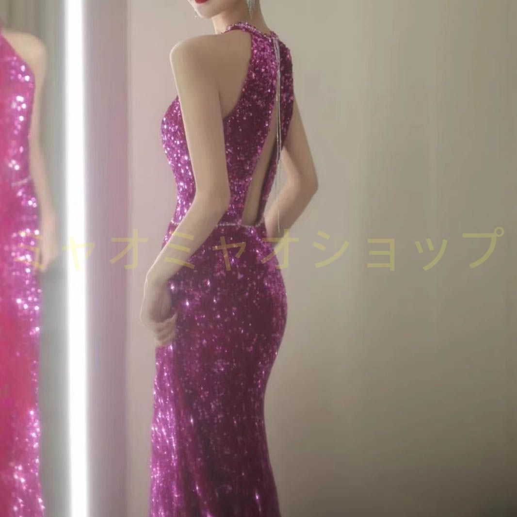 カラードレス カクテルドレス ロング丈 パーティードレス レッド 赤 袖なし ホルダーネック マーメイドドレス フィッシュテール スパンコール きらきら バイオリン発表会 演奏会 ステー コンクール イブニングドレス 1273