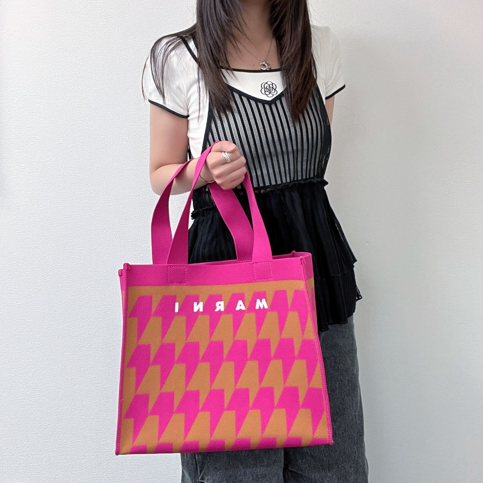 MARNI マルニ 千鳥格子 ハンドバッグ キャンバス ピンク ブラウン  