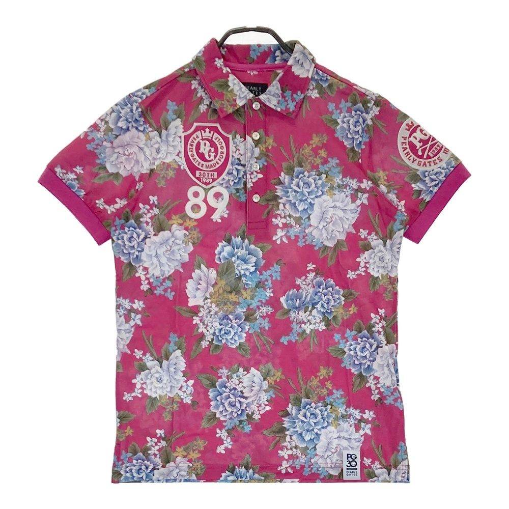 サイズ：3 PEARLY GATES パーリーゲイツ 30周年 半袖ポロシャツ ワッペン LIBERTY 花柄 ピンク系 [240101483807] ゴルフウェア メンズ ストスト サイズ：3 PEARLY GATES パーリーゲイツ 30周年 半袖ポロシャツ