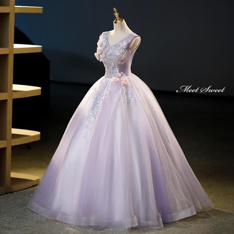 送料無料の商品多数！ ドレス プリンセスライン パープル 紫 袖なし ビーズ 花 ロングドレス ウェディングドレス 結婚式 【人気のアイテム】