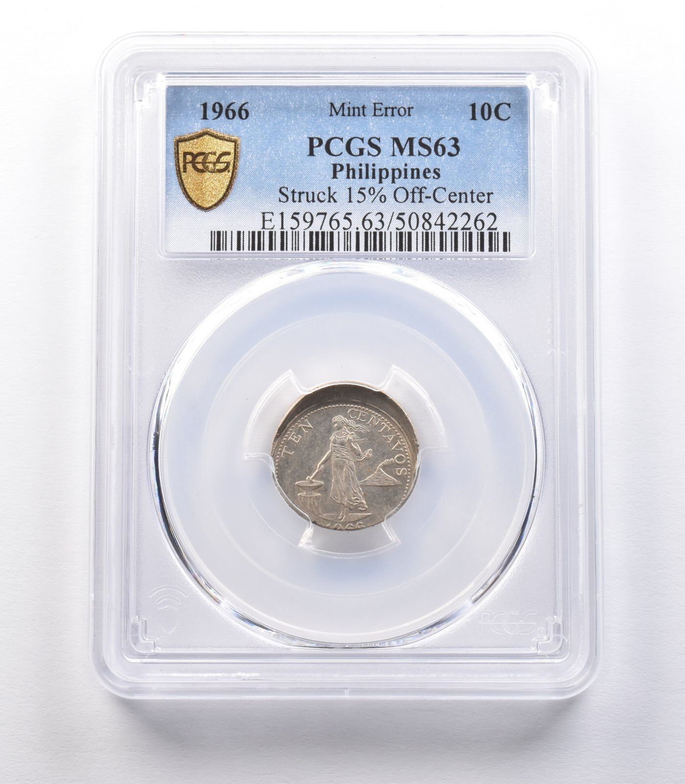 1966年フィリピン10セント硬貨、ミント、エラー打刻、中心から15